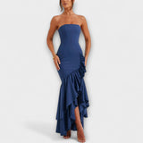 Zuri - Vestido Maxi Slim Fit com Ombros à Mostra e Saia Assimétrica