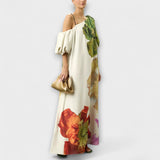 Skylar - Vestido Maxi com Estampado Floral, Decote Assimétrico e Mangas Bufantes
