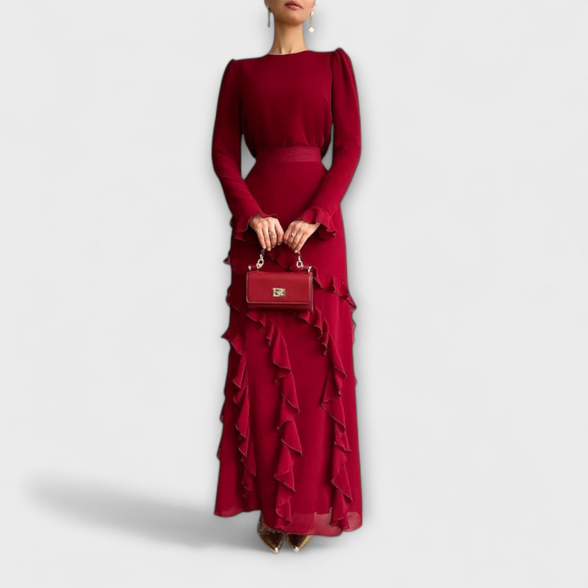 Fallon - Vestido Longo Slim Fit com Rendas Tridimensionais
