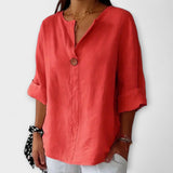 Regula™ | Blusa de Linho com Decote em V e Botão