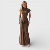 Elara - Elegante vestido maxi de noite castanho com decote drapeado