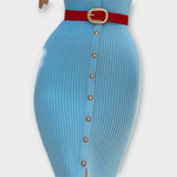 Sina - Elegante Vestido Lápis em Azul Bebé com Malha Canelada