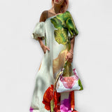 Skylar - Vestido Maxi com Estampado Floral, Decote Assimétrico e Mangas Bufantes
