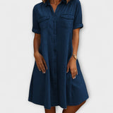 Kerstin | Vestido de Jeans com Gola de Camisa e Bolsos no Peito