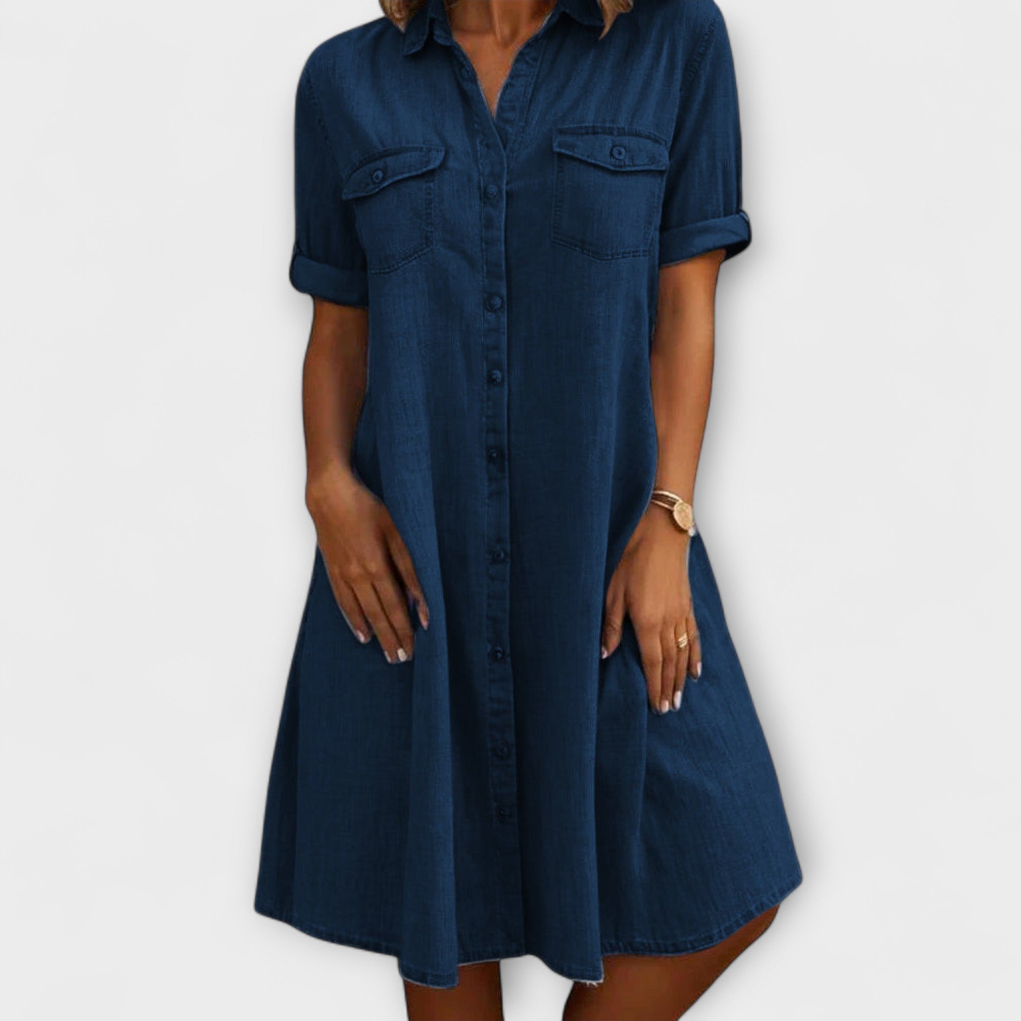 Kerstin | Vestido de Jeans com Gola de Camisa e Bolsos no Peito