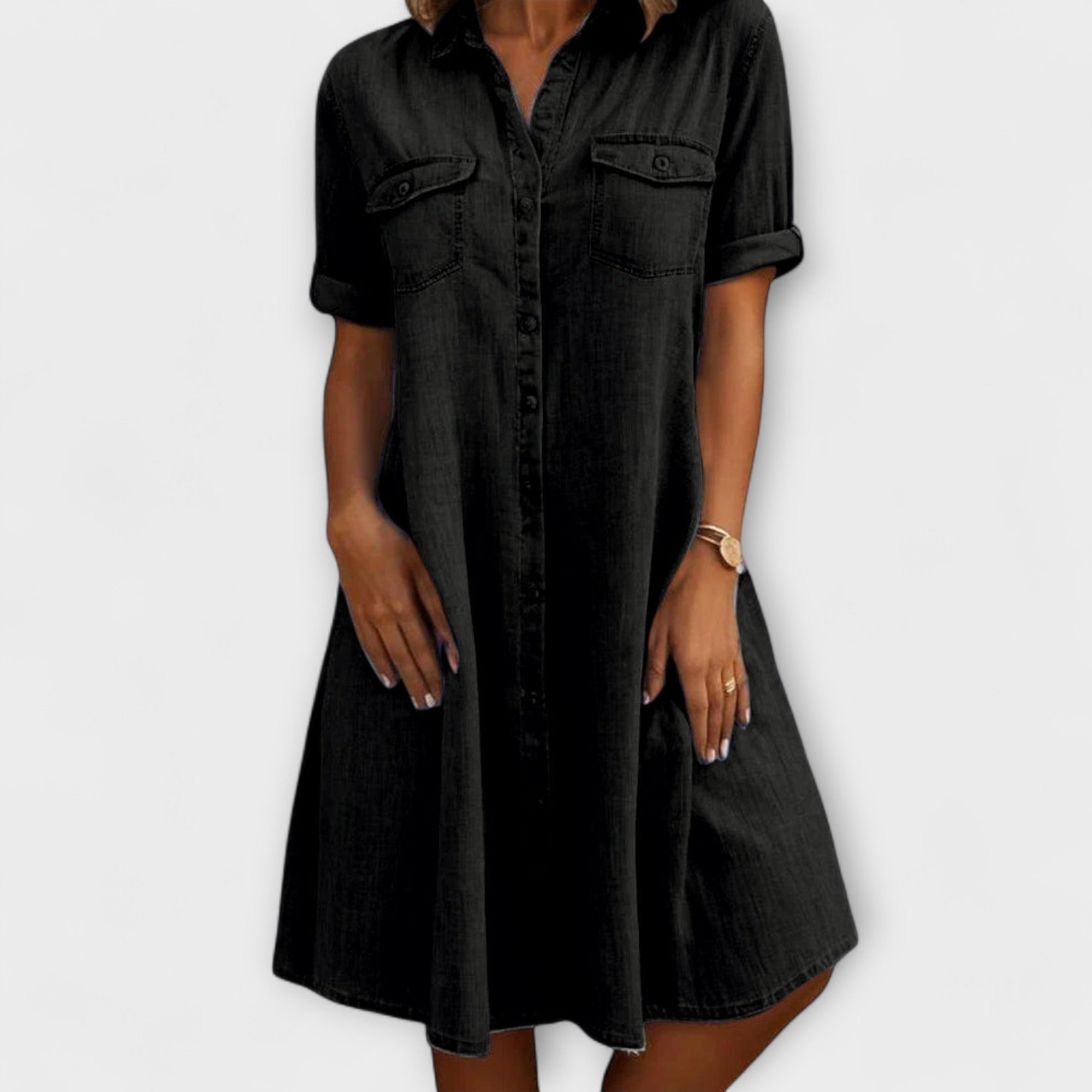 Kerstin | Vestido de Jeans com Gola de Camisa e Bolsos no Peito