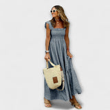 Vestido Maxi Quadriculado com Mangas com Renda