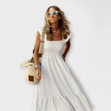 Vestido Maxi Quadriculado com Mangas com Renda