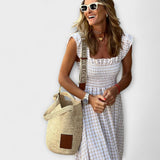 Vestido Maxi Quadriculado com Mangas com Renda