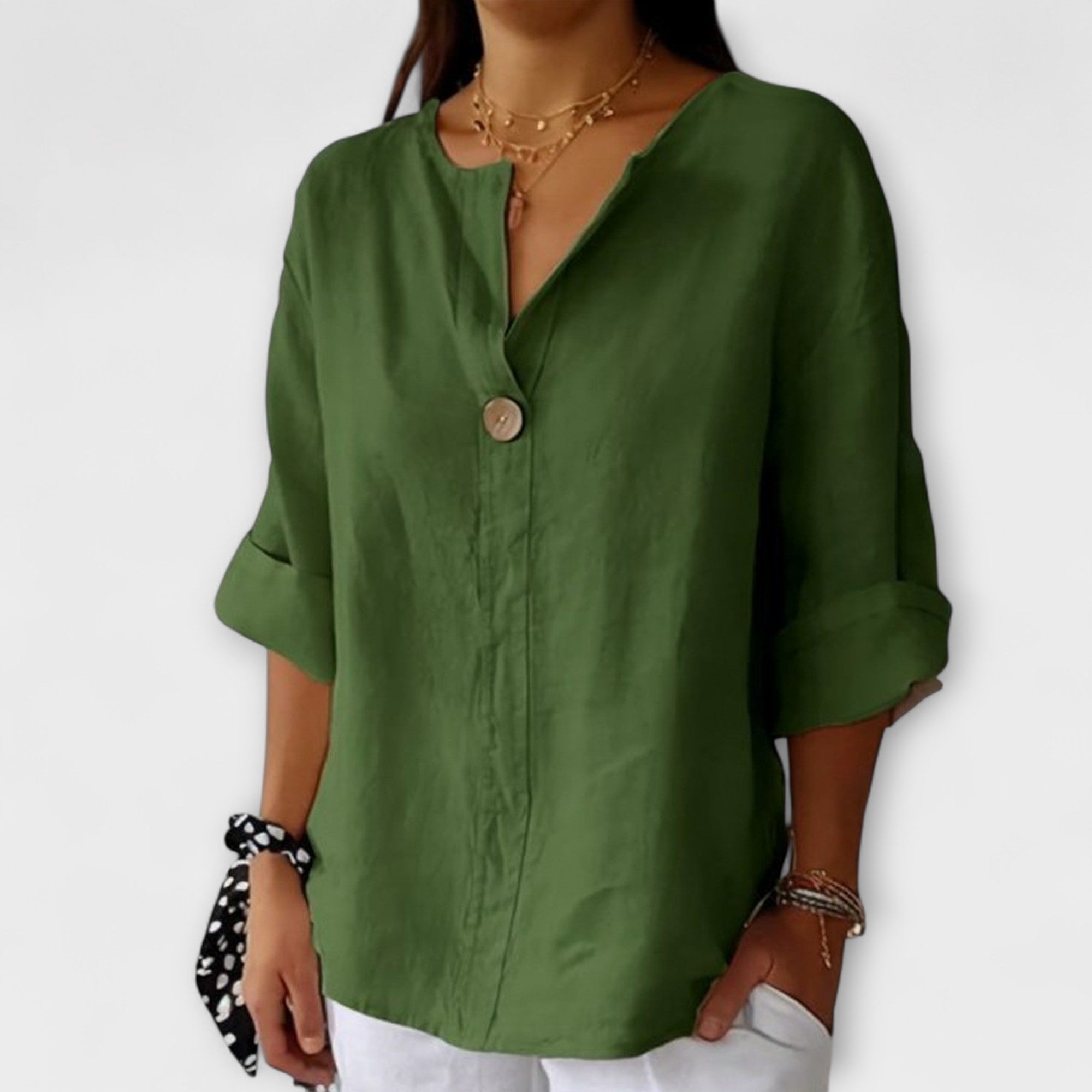 Regula™ | Blusa de Linho com Decote em V e Botão