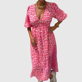 Christiane | Vestido Maxi com Estampa de Penas e Decote em V