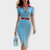 Sina - Elegante Vestido Lápis em Azul Bebé com Malha Canelada