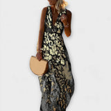 Vestido fluido com decote em V e detalhes em lantejoulas