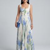 Ophelia | Vestido Midi Sem Mangas com Decote Quadrado e Padrão Floral