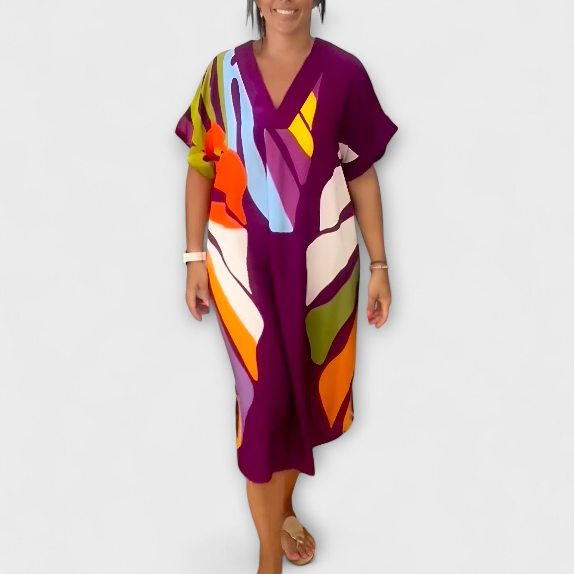 Roos - Vestido Casual com Estampado de Folhas Coloridas