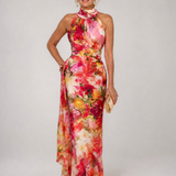 Elisabetta | Vestido Maxi com Decote Halter e Padrão Floral