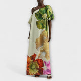 Skylar - Vestido Maxi com Estampado Floral, Decote Assimétrico e Mangas Bufantes