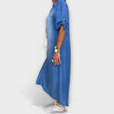 Lea - Vestido Longo em Look Denim com Fenda Lateral