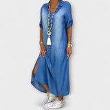 Lea - Vestido Longo em Look Denim com Fenda Lateral