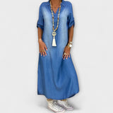 Lea - Vestido Longo em Look Denim com Fenda Lateral
