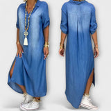 Lea - Vestido Longo em Look Denim com Fenda Lateral