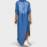 Lea - Vestido Longo em Look Denim com Fenda Lateral
