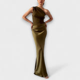 Vestido Maxi Plissado Elegante de Um Ombro
