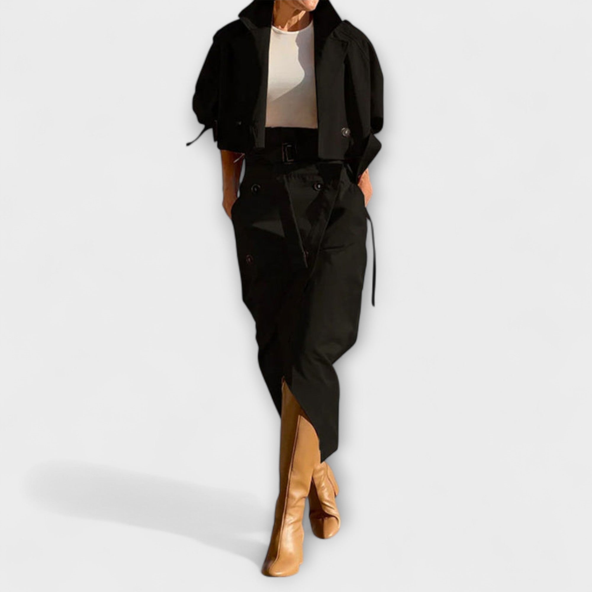 Lyra - Elegante Casaco Midi com Saia e Bolsos