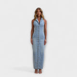 Lacey - Maxikleid em Denim Lavagem Média