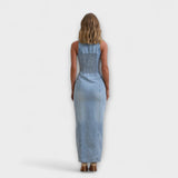 Lacey - Maxikleid em Denim Lavagem Média