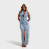 Lacey - Maxikleid em Denim Lavagem Média