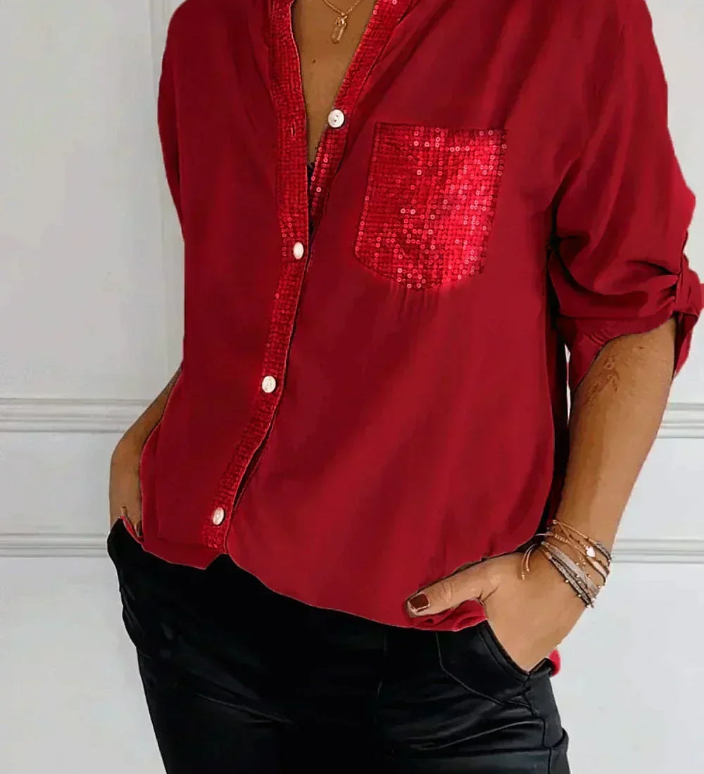 Jasmine | Camiseta Elegante de Decote em V com Lantejoulas Brilhantes para Mulheres
