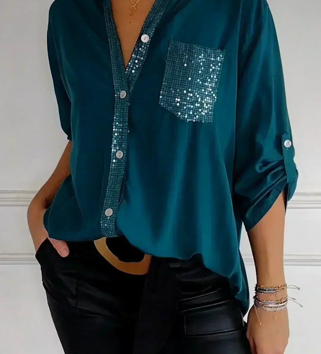 Jasmine | Camiseta Elegante de Decote em V com Lantejoulas Brilhantes para Mulheres