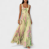 Vestido Maxi de Chiffon Floral Plissado