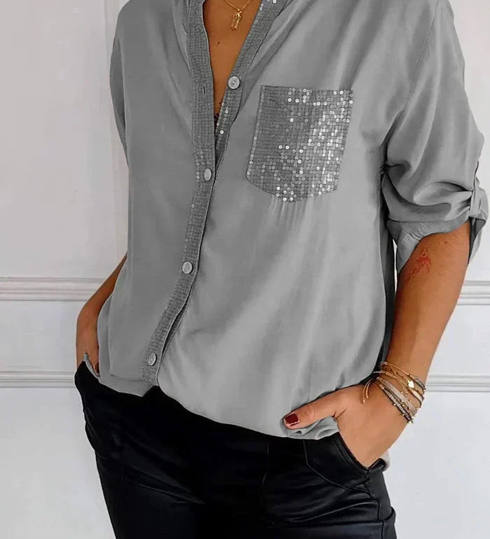 Jasmine | Camiseta Elegante de Decote em V com Lantejoulas Brilhantes para Mulheres
