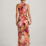 Elisabetta | Vestido Maxi com Decote Halter e Padrão Floral