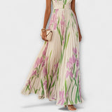 Vestido Maxi de Chiffon Floral Plissado