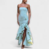 Zuri - Vestido Maxi Slim Fit com Ombros à Mostra e Saia Assimétrica