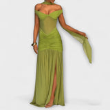 Nicole - Vestido Maxi de Decote em V na Cor Oliva