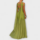 Nicole - Vestido Maxi de Decote em V na Cor Oliva