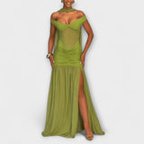 Nicole - Vestido Maxi de Decote em V na Cor Oliva