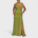 Nicole - Vestido Maxi de Decote em V na Cor Oliva