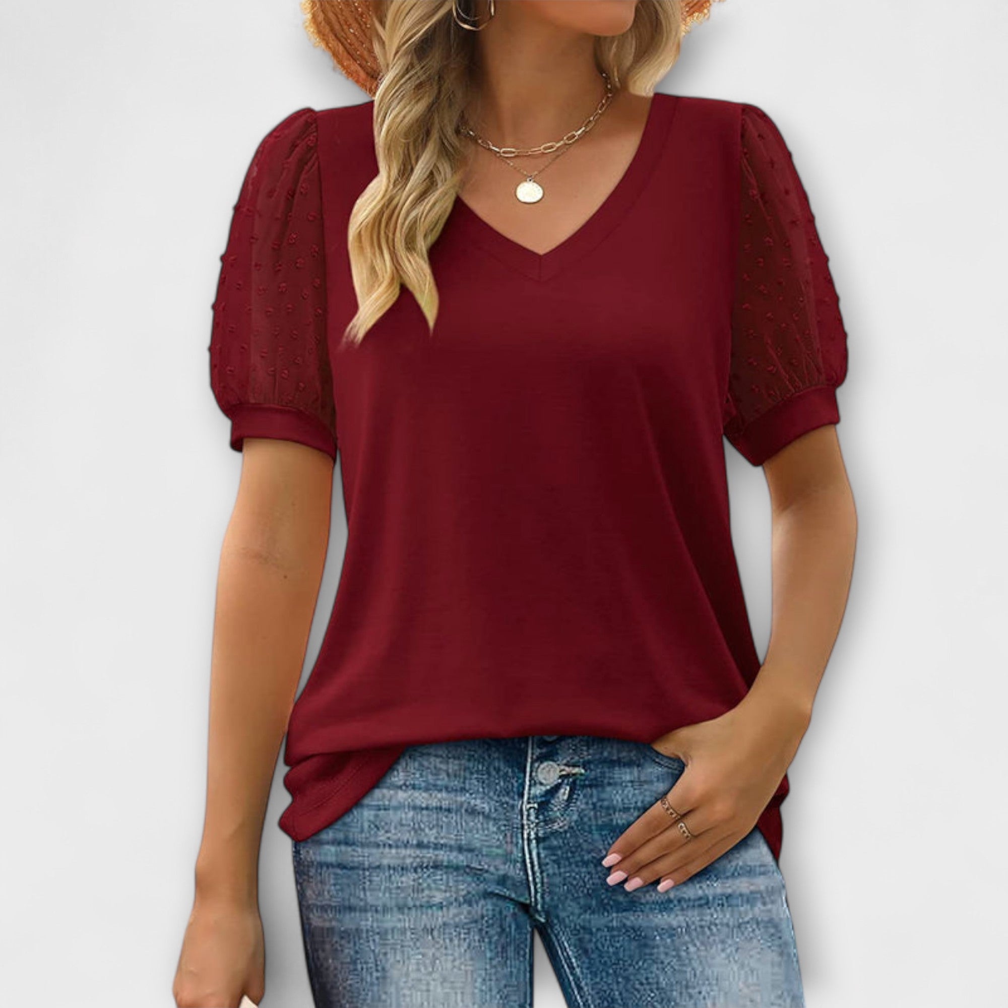 Rema - Top com Decote em V e Mangas Transparentes