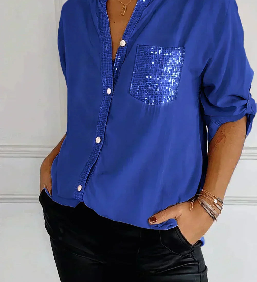 Jasmine | Camiseta Elegante de Decote em V com Lantejoulas Brilhantes para Mulheres