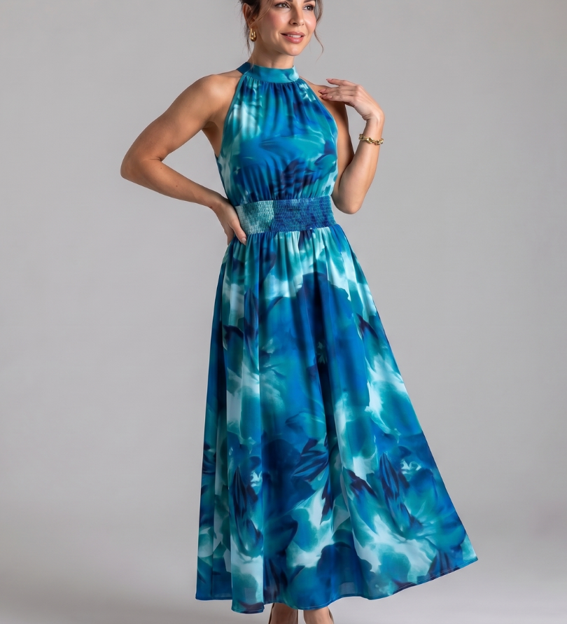 Olivia | Vestido Midi com Cintura Ajustada e Estampado Abstrato