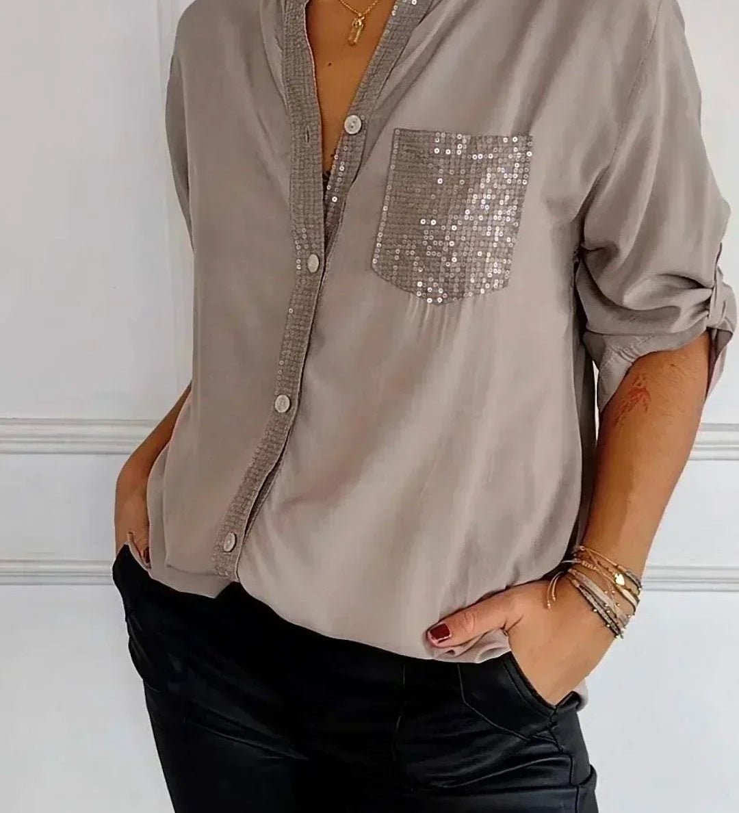Jasmine | Camiseta Elegante de Decote em V com Lantejoulas Brilhantes para Mulheres