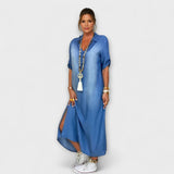 Lea - Vestido Longo em Look Denim com Fenda Lateral