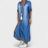 Lea - Vestido Longo em Look Denim com Fenda Lateral
