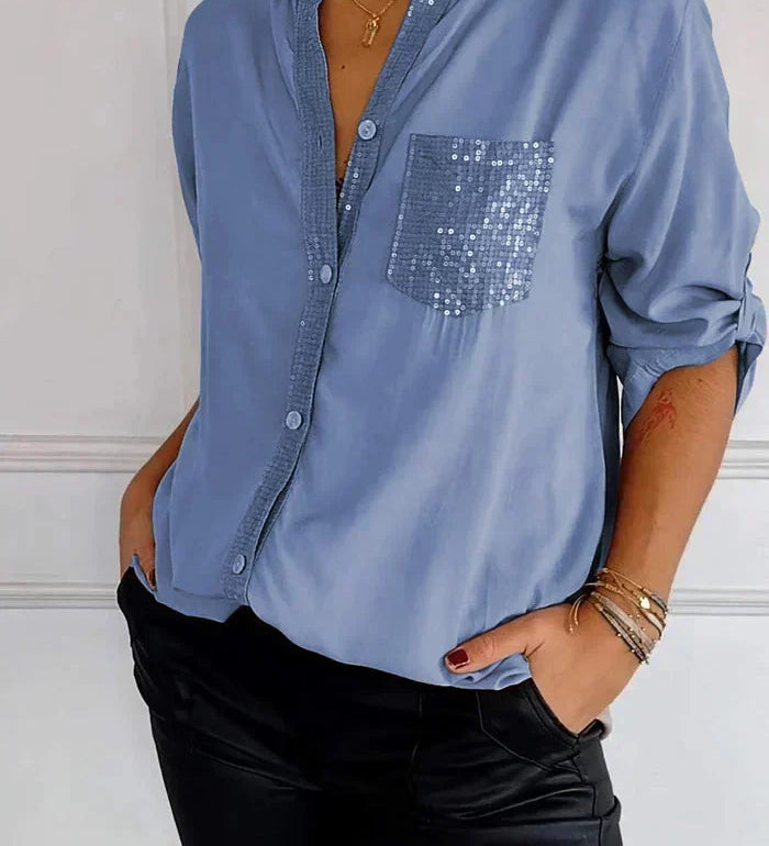 Jasmine | Camiseta Elegante de Decote em V com Lantejoulas Brilhantes para Mulheres