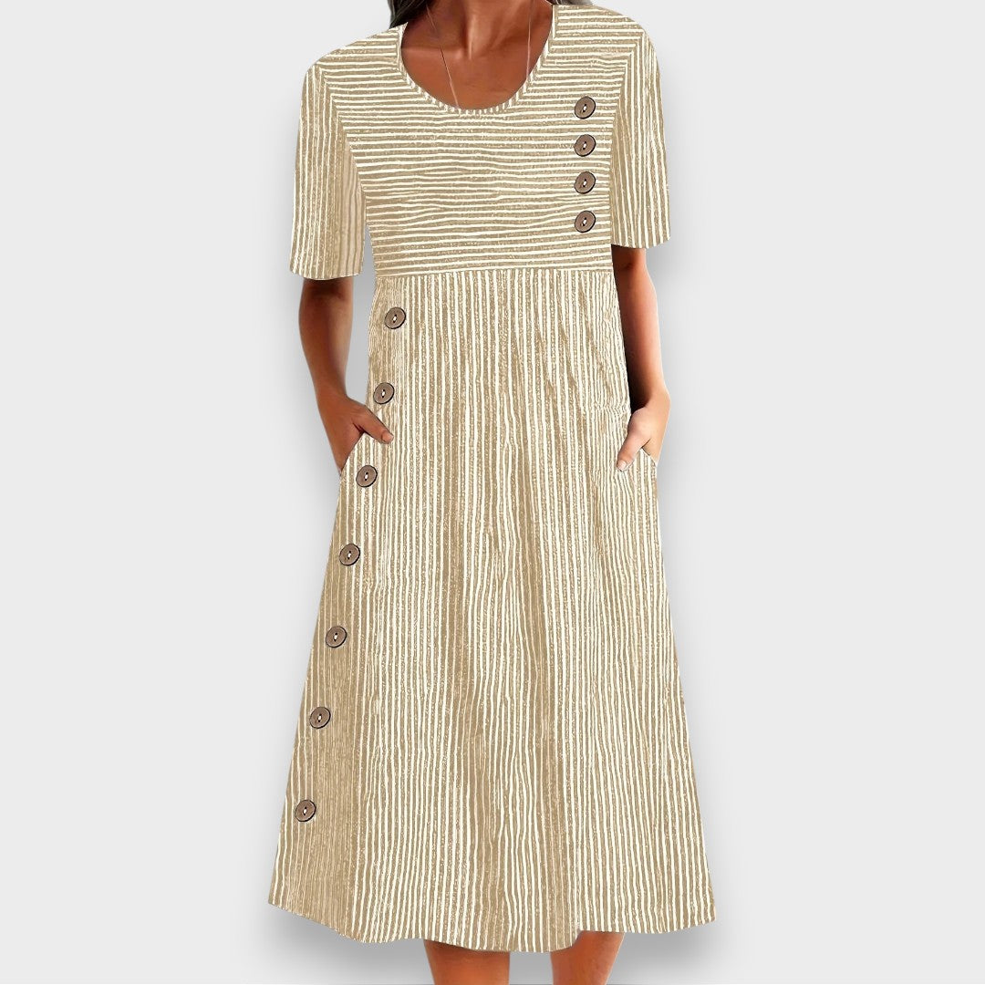 Cecily | Vestido Midi Listrado com Detalhes de Botão e Bolsos